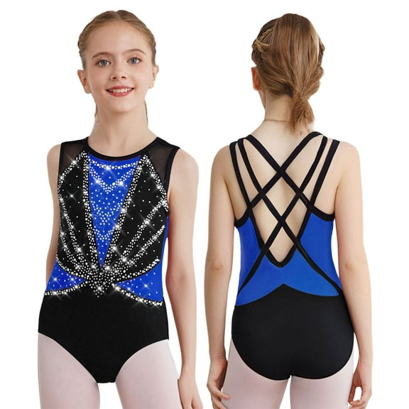 iiniim Kids Girls Sleeveless Gymnastics Leotard Sparkly Dance Bodysuit Cross Back Shiny Stretchy Ballet Dancewear Blue 14