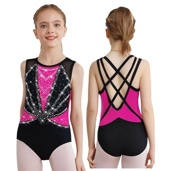 iiniim Kids Girls Sleeveless Gymnastics Leotard Sparkly Dance Bodysuit Cross Back Shiny Stretchy Ballet Dancewear Hot Pink 8