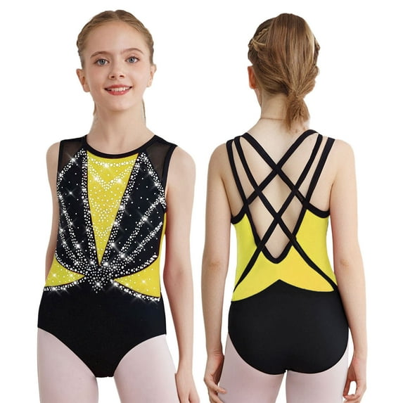 iiniim Kids Girls Sleeveless Gymnastics Leotard Sparkly Dance Bodysuit Cross Back Shiny Stretchy Ballet Dancewear Yellow 6