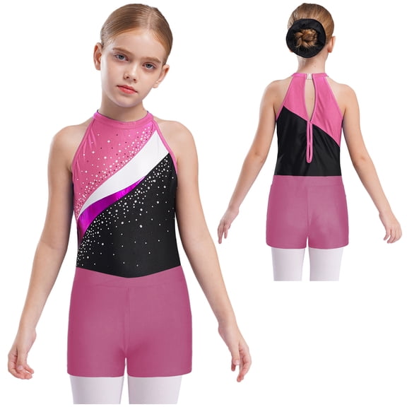 iiniim Kids Girls Sleeveless Gymnastics Leotard Unitard Tumbling Biketard with Shorts Matching Hair Scrunchie Set A Pink 6
