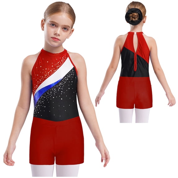 iiniim Kids Girls Sleeveless Gymnastics Leotard Unitard Tumbling Biketard with Shorts Matching Hair Scrunchie Set Red 16
