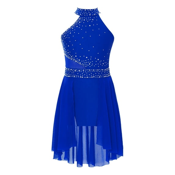 iiniim Kids Girls Sleeveless Halter Neck Gymnastics Ballet Leotard Dress Lyrical Figure Skating Modern Dancewear A Royal Blue 10