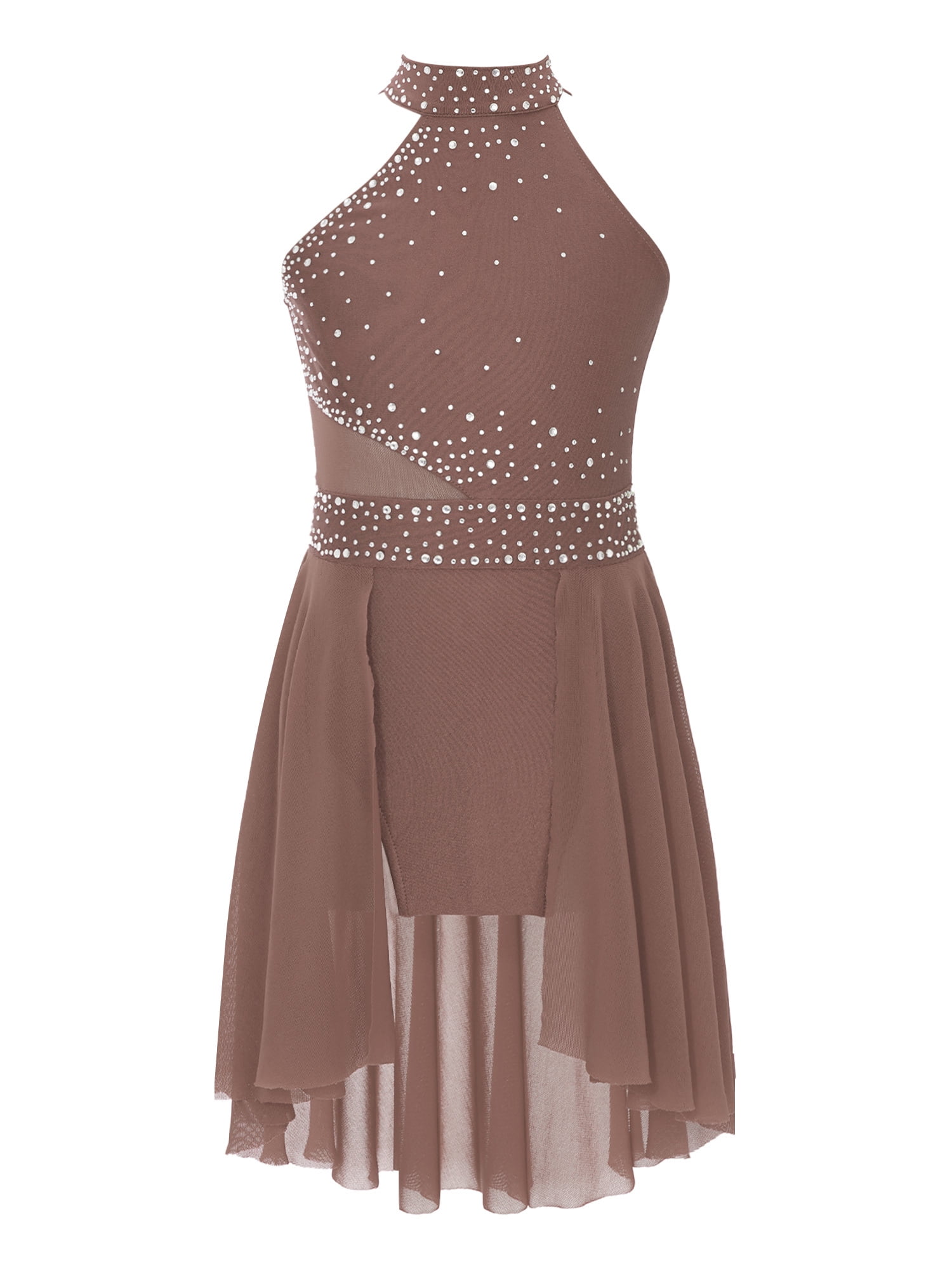 Girls Sleeveless Rhinestone Dance Leotard - Halter Neck Skating Gymnastics Costume With Mesh Skirt