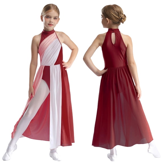 iiniim Kids Girls Sleeveless Halter Neck Modern Lyrical Ballet Dance Color Block Leotard Dress Dancewear Burgundy 6