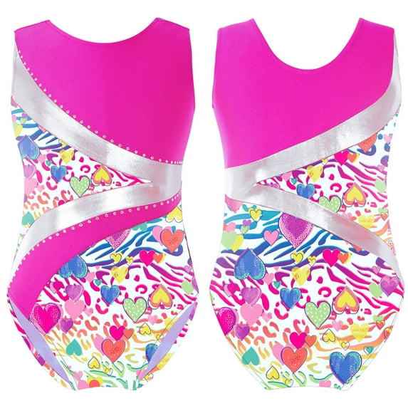 iiniim Kids Girls Sleeveless Pattern Print Shiny Rhinestone Dance Gymnastics Bodysuit 6-16 A White&Hot Pink 6