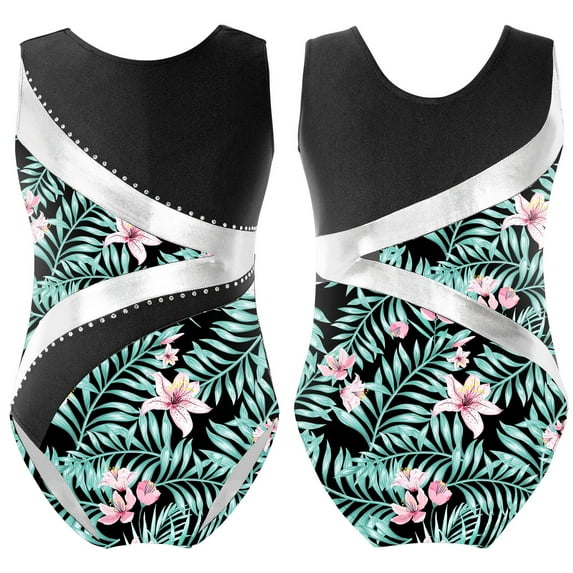 iiniim Kids Girls Sleeveless Pattern Print Shiny Rhinestone Dance Gymnastics Bodysuit 6-16 Pink 14