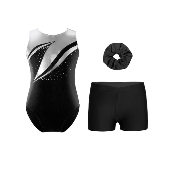 iiniim Kids Girls Sleeveless Rhinestones Gymnastics Leotards with Athletic Shorts and Hair Tie Figure Ice Skating Black 16