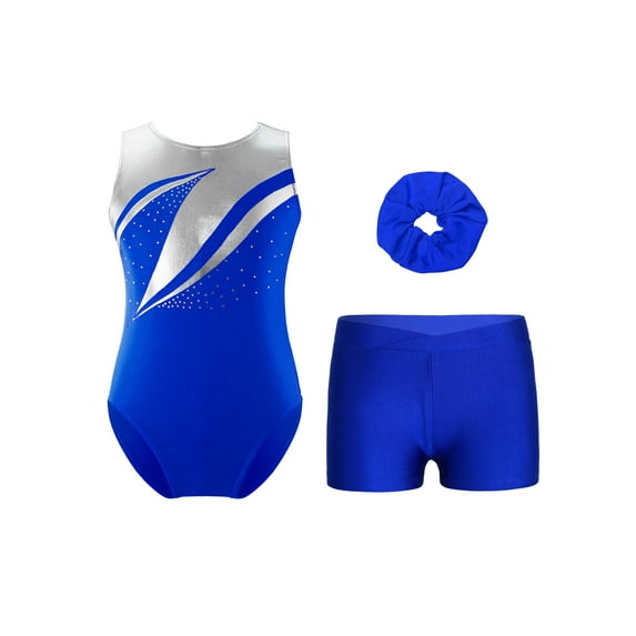 iiniim Kids Girls Sleeveless Rhinestones Gymnastics Leotards with Athletic Shorts and Hair Tie Figure Ice Skating Royal Blue 6
