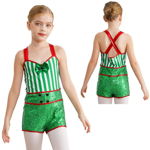 iiniim Kids Girls Sleeveless Sequins Dancewear Leotard Dance Christmas Candy Cane Costumes Size 6-16 Green 16