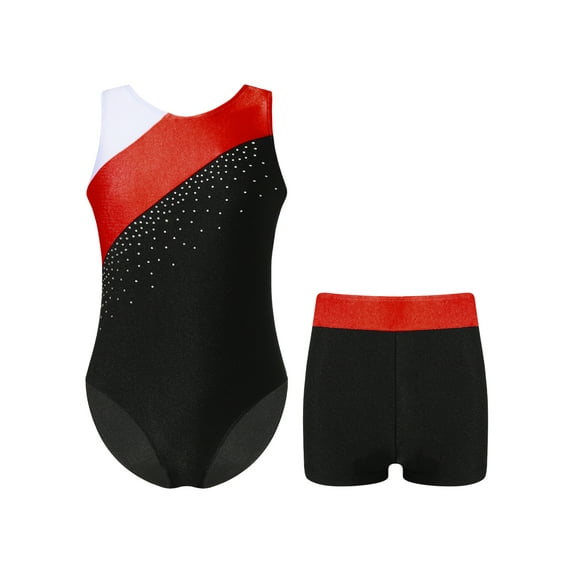 iiniim Kids Girls Sleeveless Shiny Dance Leotard with Shorts 2-pieces Dancewear Gymnastics Outfit 6-16 Red 6