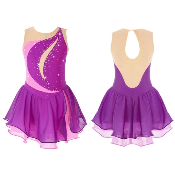 iiniim Kids Girls Sleeveless Shiny Rhinestone Figure Ice Skating Dress Gymnastics Leotard Skirt Purple 16