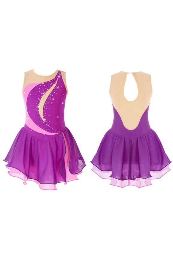 Kids Girls Sleeveless Shiny Rhinestone Figure Ice Skating Dress Gymnastics Leotard Skirt Purple 6