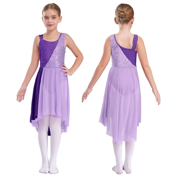 iiniim Kids Girls Sleeveless Shiny Sequins Lyrical Dance Dress High-Low Tulle Skirted Dancewear 6-16