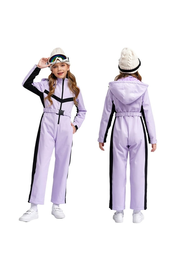 Kids Girls Snowsuits Waterproof Ski Suits Jumpsuits Winter Outdoor Skiing Snowboarding Snowsuits with Belt Purple 10
