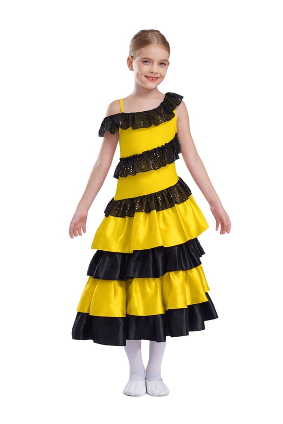 Kids Girls Spanish Flamenco Dress Tiered Ruffled Maxi Dance Skirt Belly Performance Costume Yellow 12