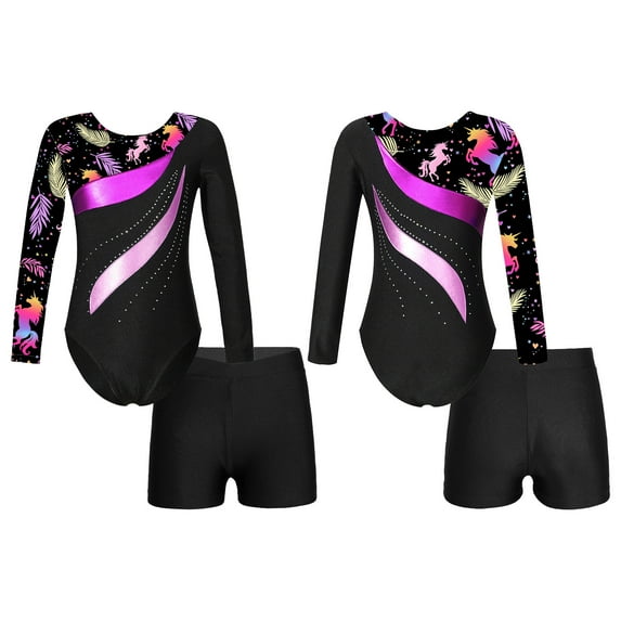 iiniim Kids Girls Sparkle Ballet Dance Long Sleeve Gymnastics Leotard with Yoga Shorts Set Tracksuit 4-14 Black 8