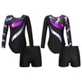 thumbnail image 1 of iiniim Kids Girls Sparkle Ballet Dance Long Sleeve Gymnastics Leotard with Yoga Shorts Set Tracksuit 4-14 Black&Purple 4, 1 of 7
