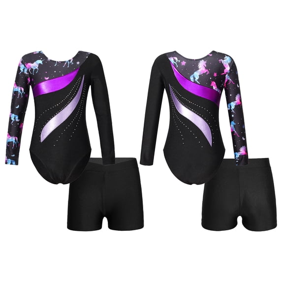 iiniim Kids Girls Sparkle Ballet Dance Long Sleeve Gymnastics Leotard with Yoga Shorts Set Tracksuit 4-14 Black&Purple 4