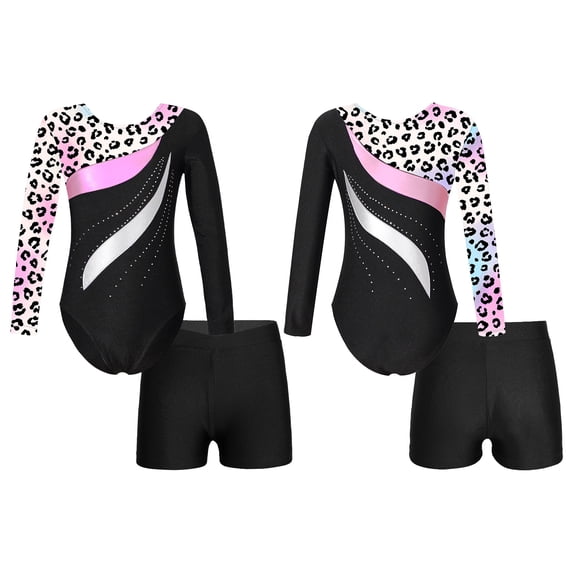 iiniim Kids Girls Sparkle Ballet Dance Long Sleeve Gymnastics Leotard with Yoga Shorts Set Tracksuit 4-14 Leopard 4