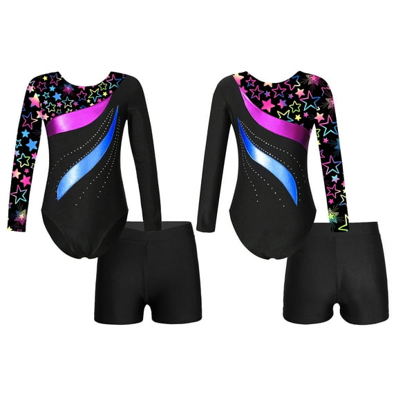 iiniim Kids Girls Sparkle Ballet Dance Long Sleeve Gymnastics Leotard with Yoga Shorts Set Tracksuit 4-14 Star Black 10