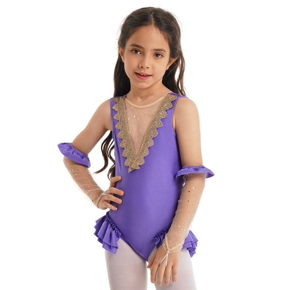 iiniim Kids Girls Sparkle Circus Show Trapeze Costume Dance Leotard with Mesh Gloves Performance Uniform Size 3-14 A Lavender 14
