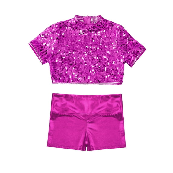 iiniim Kids Girls Sparkle Dance Crop Top with Shiny Hot Shorts Set Hip Hop Street Dance Performance Hot Pink 10