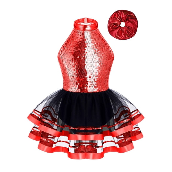 iiniim Kids Girls Sparkle Sequin Halter Neck Dance Dress Ballet Mesh Tutu Skirt Ballerina with Hairband A Red 14