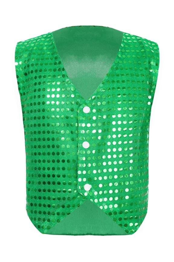 Kids Girls Sparkle Sequins Jazz Hip Hop Dance Vest Top Stage Performance Party Waistcoat Size 7-15 Green 13-14