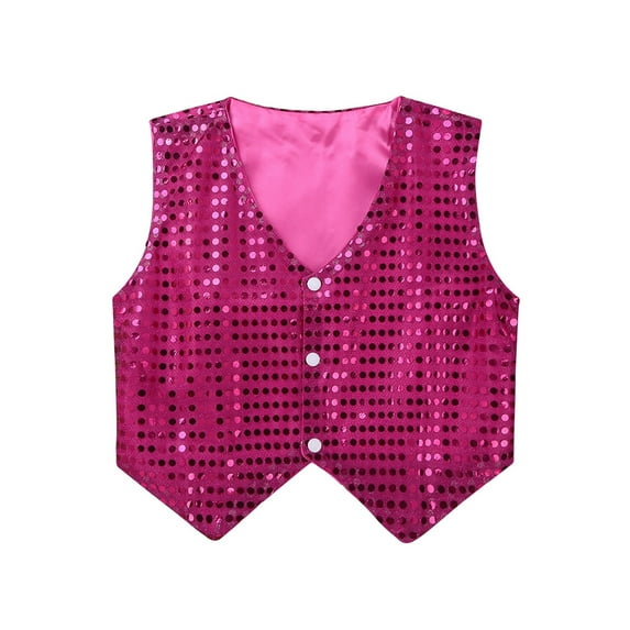 iiniim Kids Girls Sparkle Sequins Jazz Hip Hop Dance Vest Top Stage Performance Party Waistcoat Size 7-15 Rose Red 14-15