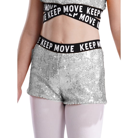 iiniim Kids Girls Sparkling Sequin Shorts for Jazz Hip Hop Street Dance Bottom Party Hot Pants Silver 16