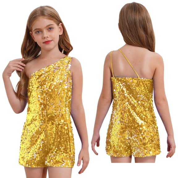 iiniim Kids Girls Sparkly Party Sequin Jumpsuit One Shoulders Sleeveless Short Romper Dancewear Gold 6