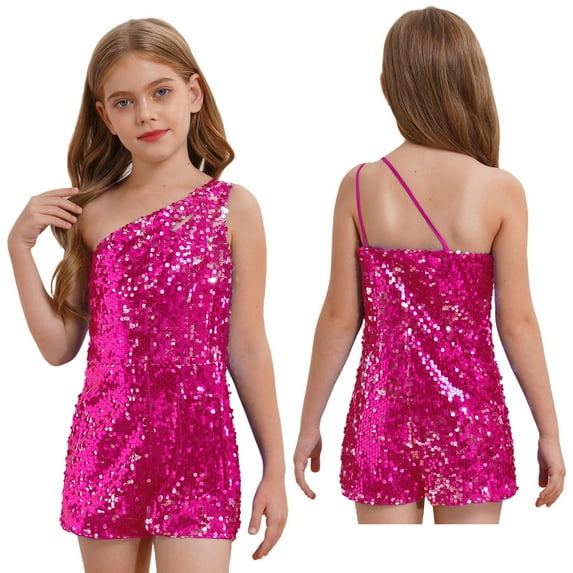 iiniim Kids Girls Sparkly Party Sequin Jumpsuit One Shoulders Sleeveless Short Romper Dancewear Hot Pink 14