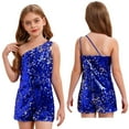thumbnail image 1 of iiniim Kids Girls Sparkly Party Sequin Jumpsuit One Shoulders Sleeveless Short Romper Dancewear Royal Blue 12, 1 of 7