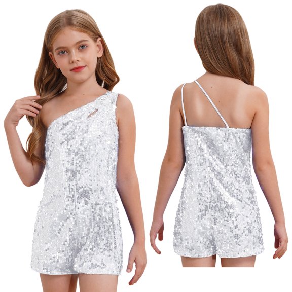 iiniim Kids Girls Sparkly Party Sequin Jumpsuit One Shoulders Sleeveless Short Romper Dancewear Silver 6