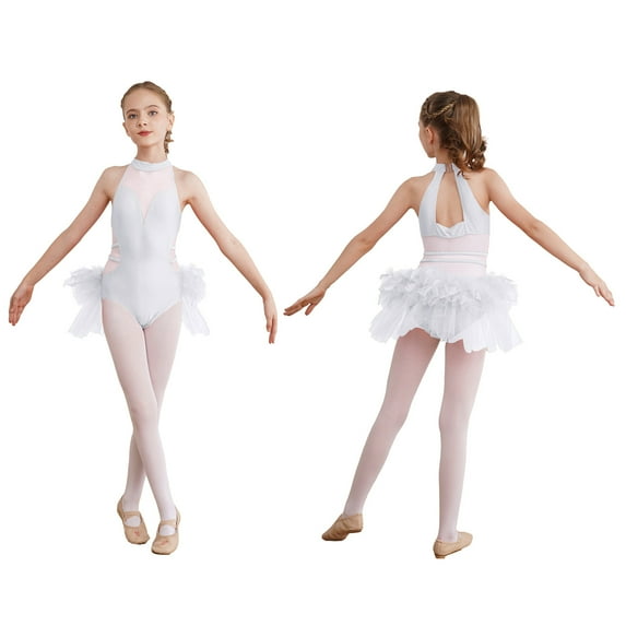 iiniim Kids Girls Sparkly Rhinestone Ballet Gymnastics Leotards Dance Sleeveless Bodysuit Dress White 16