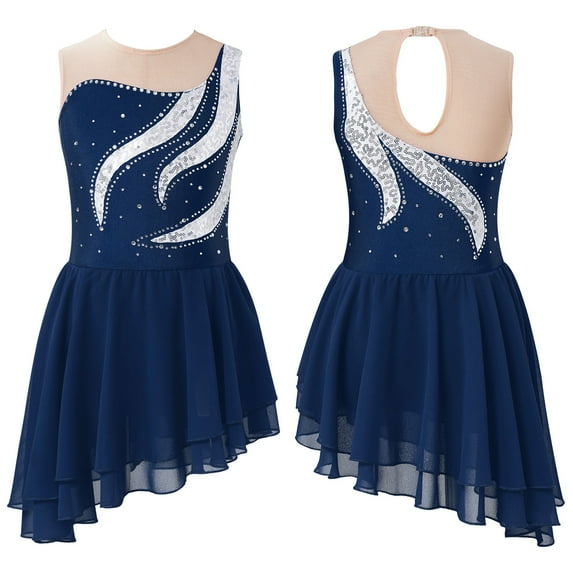 iiniim Kids Girls Sparkly Rhinestone Sleeveless Figure Ice Skating Dress Ballet Gymnastics Leotard Dancewear Navy Blue 12