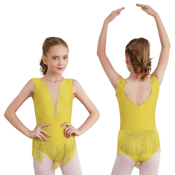 iiniim Kids Girls Sparkly Rhinestone Tassel Latin Dance Dress Skating Gymnastic Leotard Modern Jazz Ballroom Costume Yellow 12
