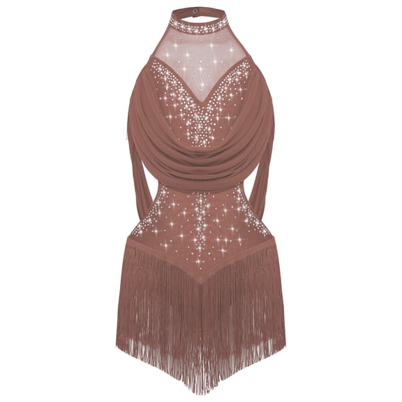 iiniim Kids Girls Sparkly Rhinestone Tassel Rumba Samba Jazz Latin Dance Party Jumpsuit Competition Leotard Dress Dusty Pink 10