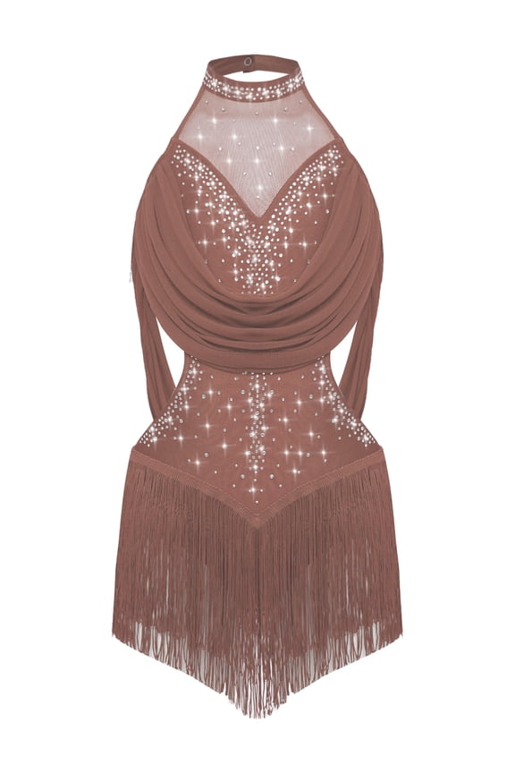 Kids Girls Sparkly Rhinestone Tassel Rumba Samba Jazz Latin Dance Party Jumpsuit Competition Leotard Dress Dusty Pink 16