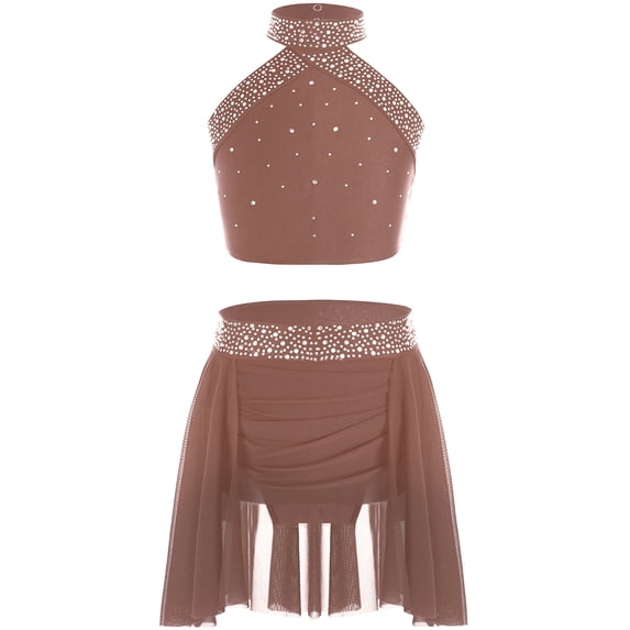 iiniim Kids Girls Sparkly Sleeveless Crop Top with Skirts Lyrical Latin Jazz Skating Performanc Dusty Pink 14