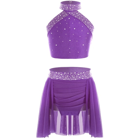 iiniim Kids Girls Sparkly Sleeveless Crop Top with Skirts Lyrical Latin Jazz Skating Performanc Purple 10