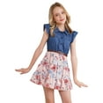 thumbnail image 1 of iiniim Kids Girls Spliced Cotton Dress Denim Lapel Collar Flying Sleeve Shirt with Floral Swing Skirt Set Size 2-14 Pink 12, 1 of 7