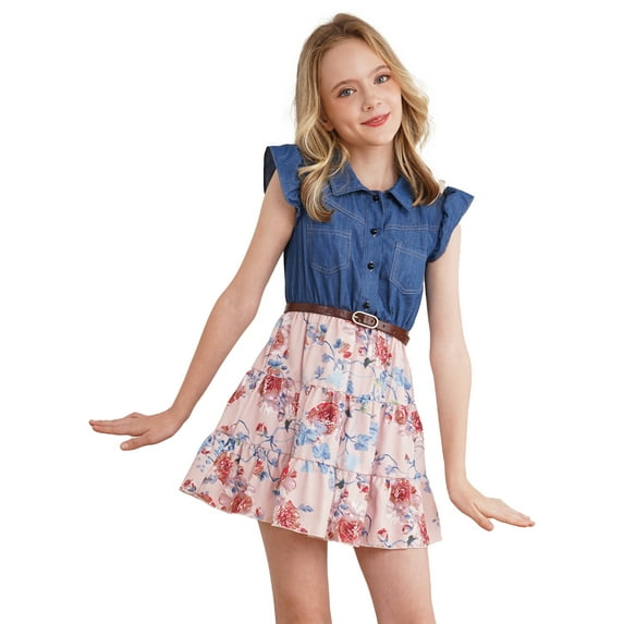 iiniim Kids Girls Spliced Cotton Dress Denim Lapel Collar Flying Sleeve Shirt with Floral Swing Skirt Set Size 2-14 Pink 5