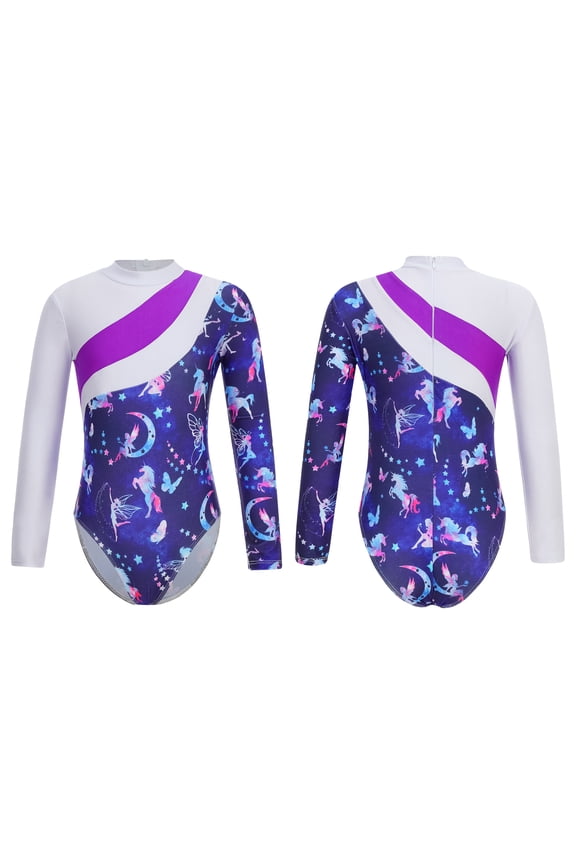 Kids Girls Sport Dance Leotard Long Sleeve Cartoon Print One Piece Dancewear Size 4-14 Navy Blue 10