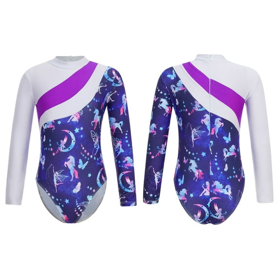 iiniim Kids Girls Sport Dance Leotard Long Sleeve Cartoon Print One Piece Dancewear Size 4-14 Navy Blue 14