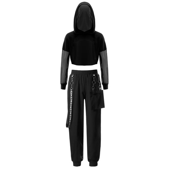 iiniim Kids Girls Sports Suit Hip-Hop Dance Outfits Mesh Long Sleeve Hoodie Crop Top Pants Tracksuit Black 6