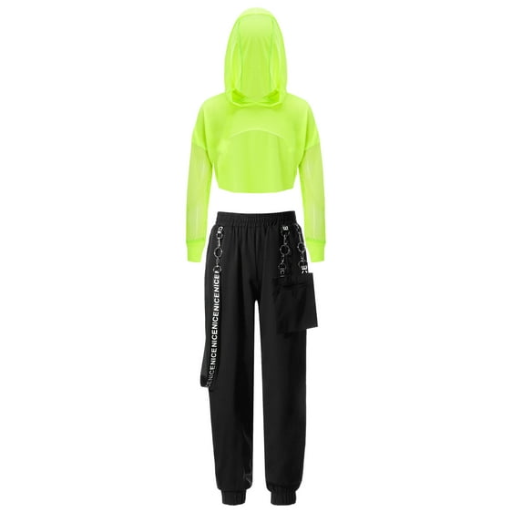 iiniim Kids Girls Sports Suit Hip-Hop Dance Outfits Mesh Long Sleeve Hoodie Crop Top Pants Tracksuit Fluorescent Green 12