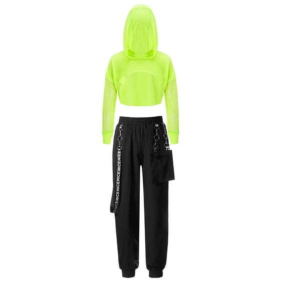 iiniim Kids Girls Sports Suit Hip-Hop Dance Outfits Mesh Long Sleeve Hoodie Crop Top Pants Tracksuit Fluorescent Green 8