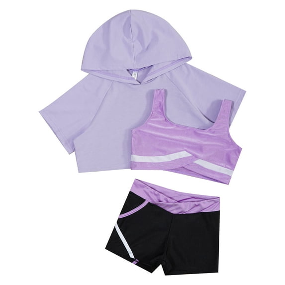iiniim Kids Girls Sports Suit Sleeveless Vest Cropped Hoodie with Match Shorts Workout Exercise Tracksuit Light Purple 12