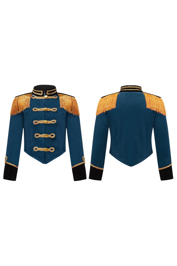 Kids Girls Stand Collar Long Sleeve Fringe Tassel Jacket Performance Party Peacock Blue 16